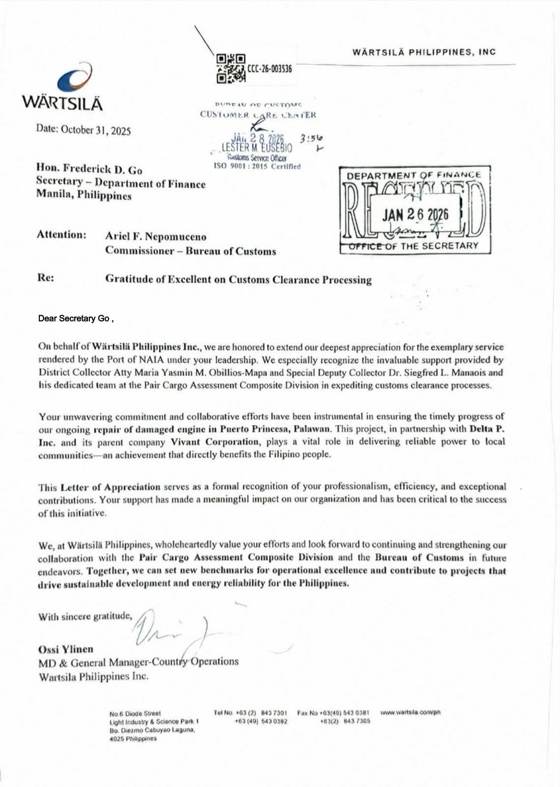 CUSTOMS CLEARS CRITICAL POWER EQUIPMENT, EARNS PRAISE FROM WÄRTSILÄ